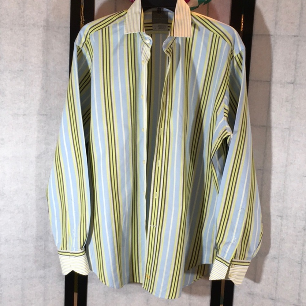 Thomas Dean blue green button front flip cuff shirt